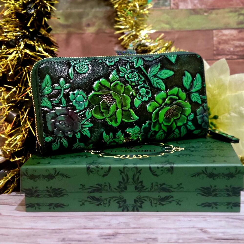 Faux Leather Clutch Embossed Flower Design With Card Slots & Coin In Gift Box